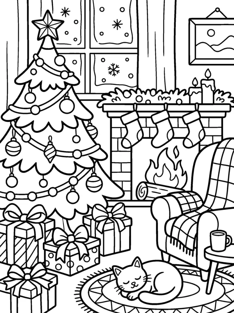 Cozy Christmas Coloring Pages for Adults (8 Free Printable PDFs)