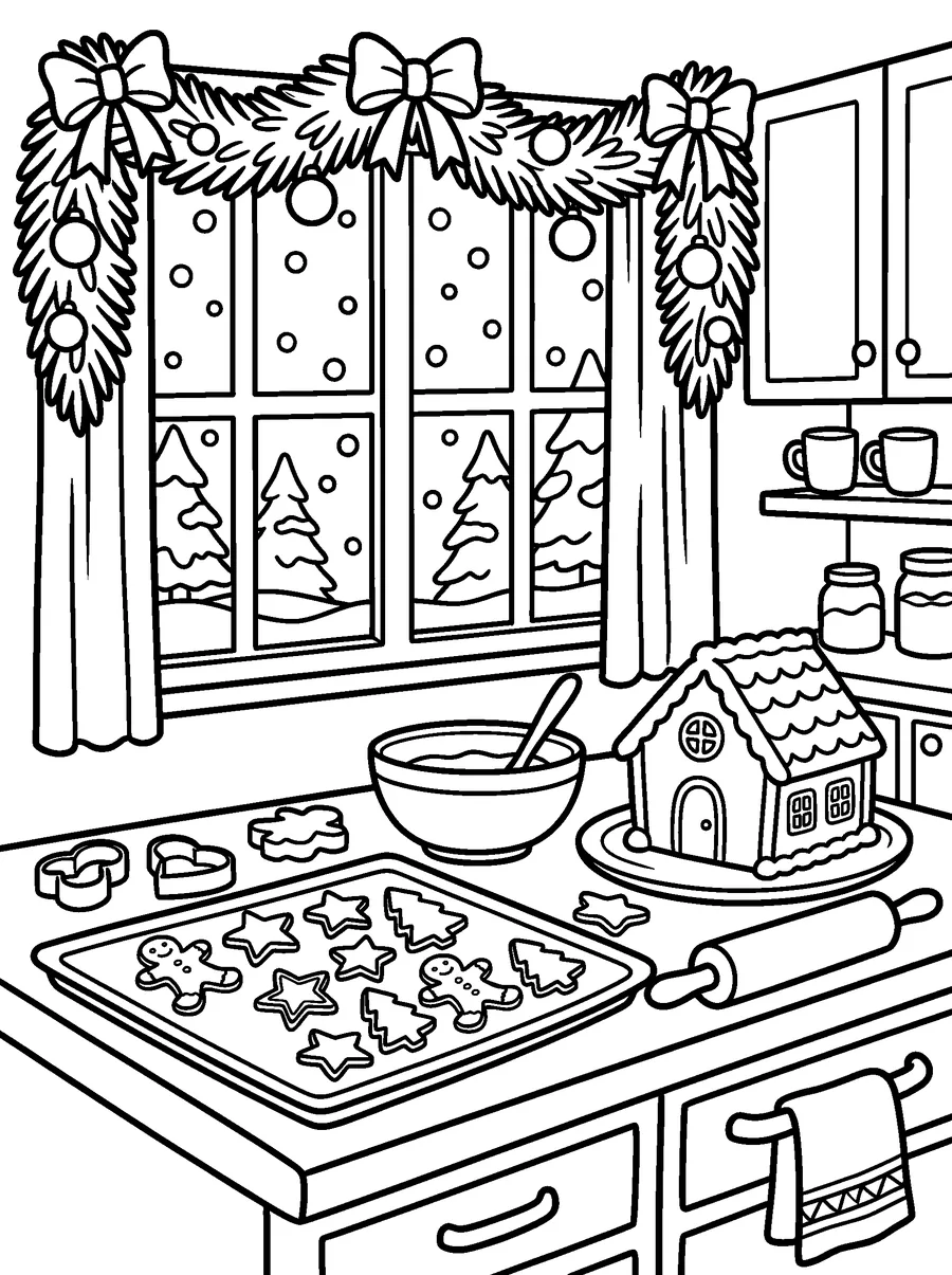 Christmas coloring page for adults: gingerbread cookies, a gingerbread house, a rolling pin and a snowy window with a pine garland