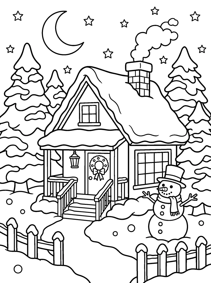 Christmas coloring page for adults: warm windows, a wreath on the door, a snowman in the yard and snowy pine trees