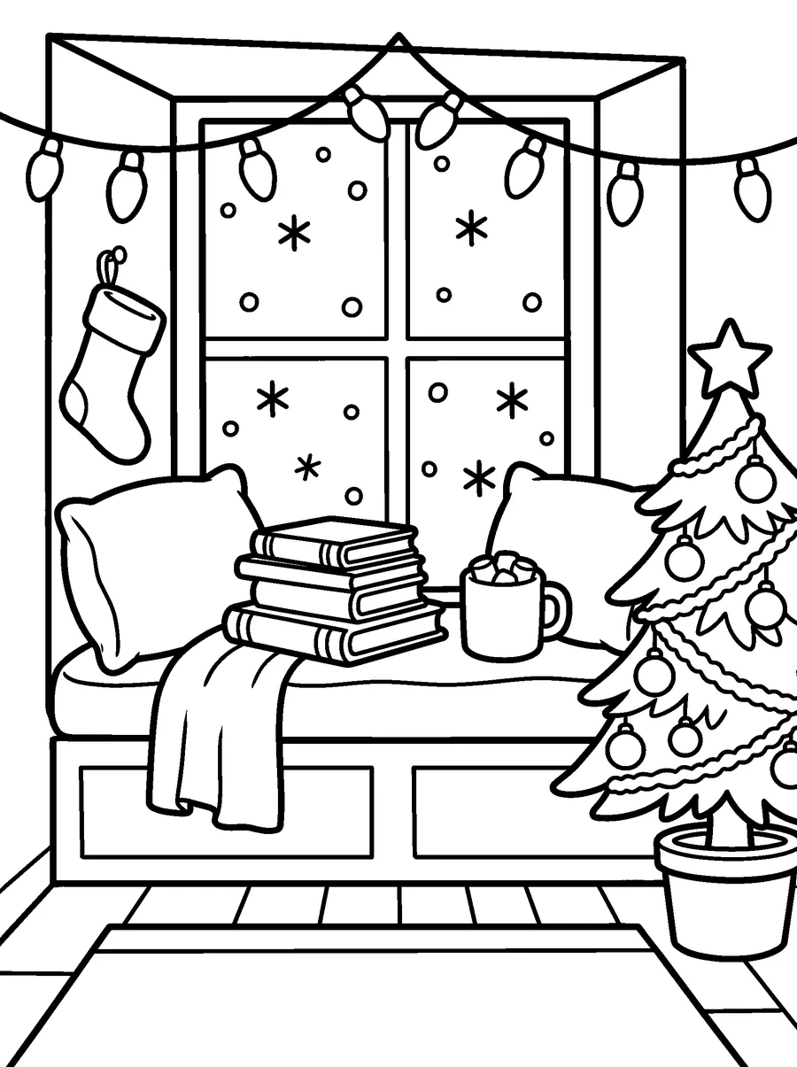 Christmas coloring page for adults: a window seat with pillows, hot cocoa, a stack of books, a little tree and string lights