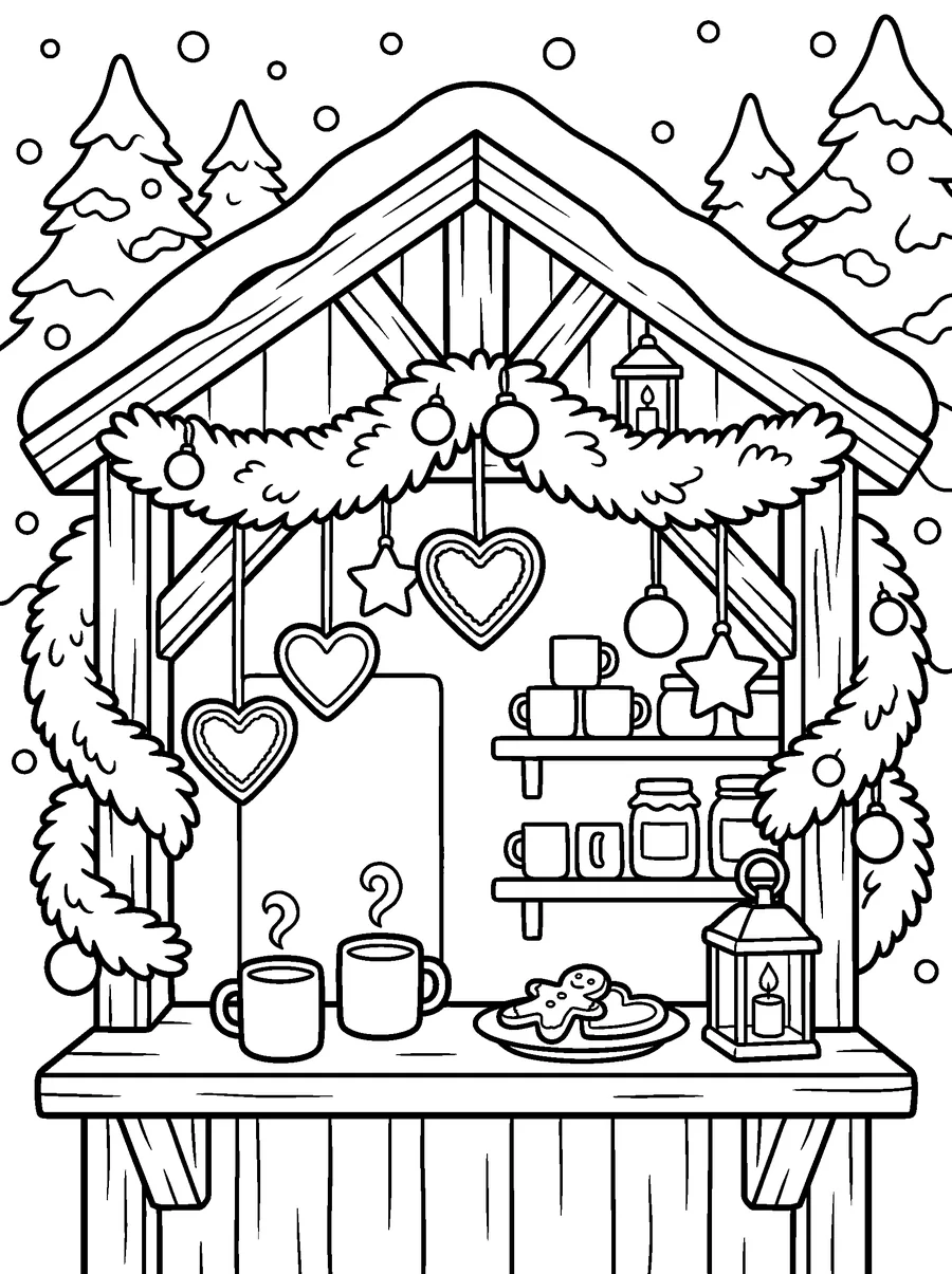 Christmas coloring page for adults: a wooden booth with ornaments, gingerbread hearts, mugs of cider and lanterns