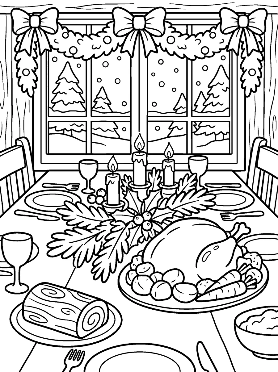 Christmas coloring page for adults: a roast, a yule log cake, candles and a pine and berry centerpiece by a snowy window