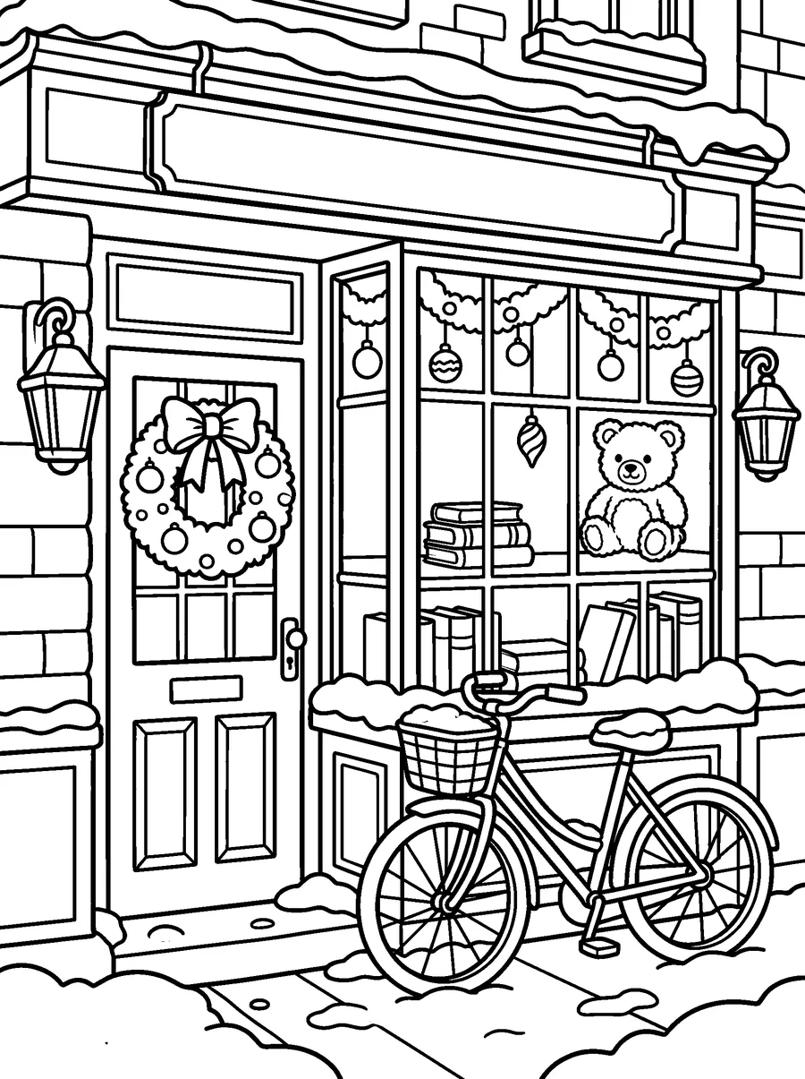Christmas coloring page for adults: books and a teddy bear in the window, a wreath, lanterns and a bicycle outside