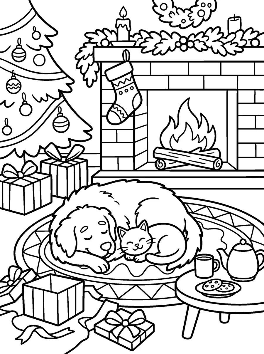 Christmas coloring page for adults: a dog and a cat by the fireplace with opened gifts, ribbons, a stocking and cookies