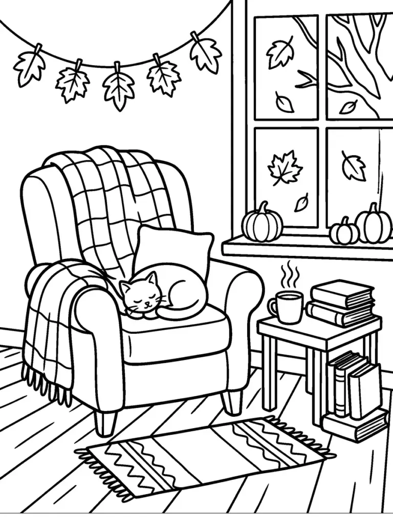Cozy Fall Coloring Pages for Adults (8 Free Printable PDFs)