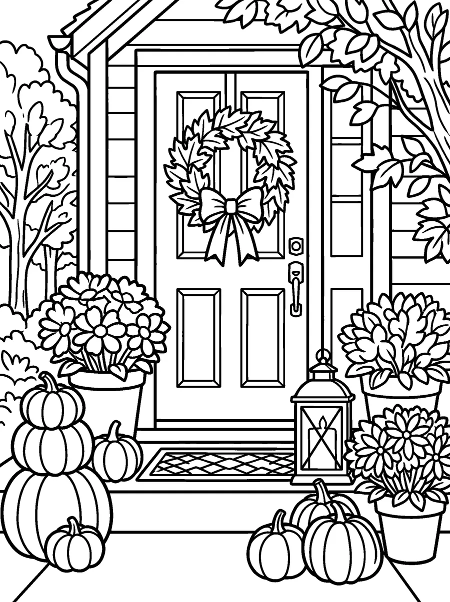 Fall coloring page for adults: a leaf wreath, mums in pots, stacked pumpkins and a lantern on the porch