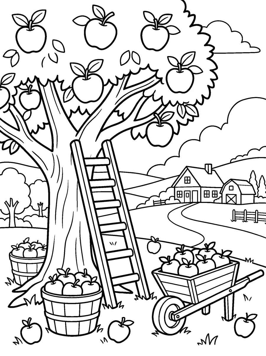 Fall coloring page for adults: a ladder against an apple tree, baskets of apples, a wheelbarrow and a farmhouse