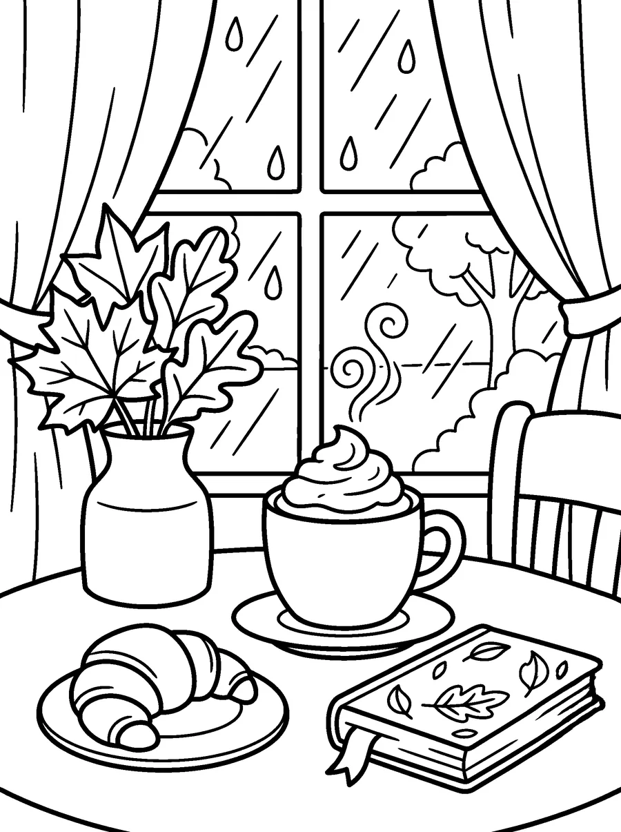 Fall coloring page for adults: a pumpkin spice latte, a croissant, a book and a vase of autumn leaves by the window