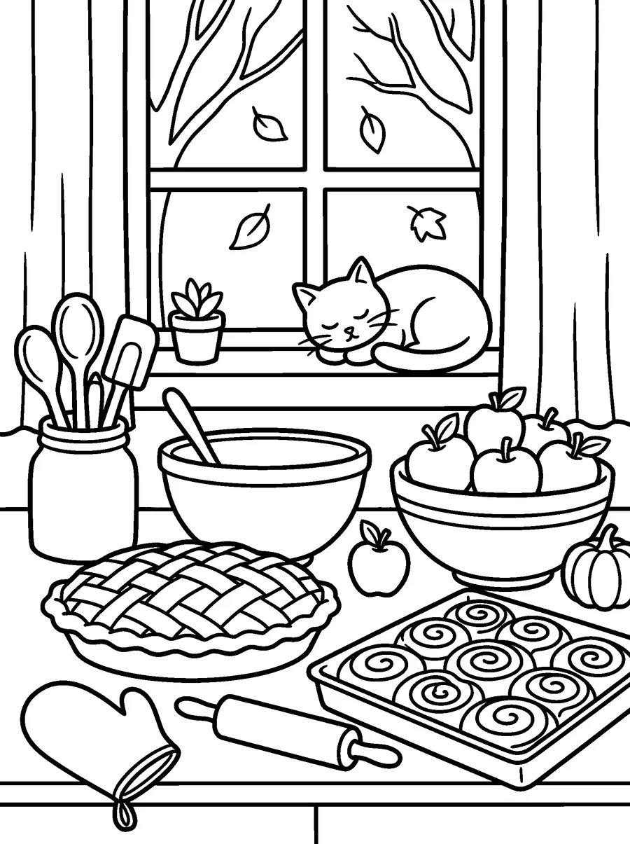 Fall coloring page for adults: an apple pie, cinnamon rolls, a bowl of apples and a cat on the windowsill