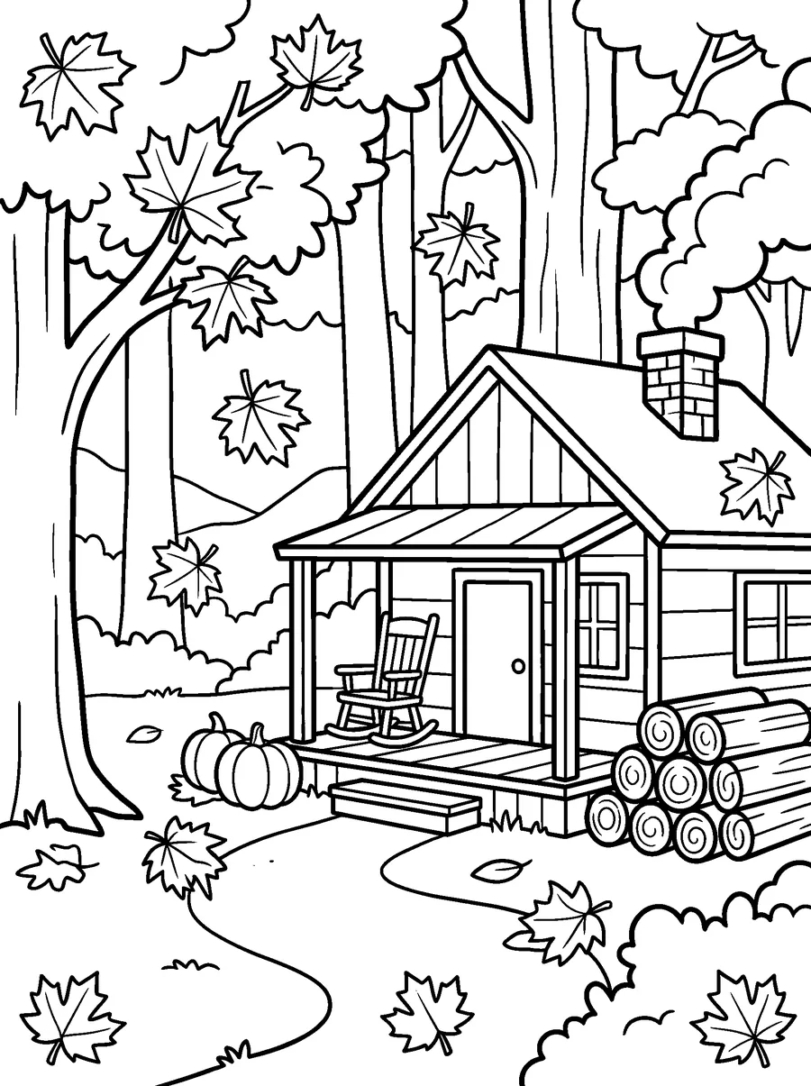 Fall coloring page for adults: smoke from the chimney, a stack of firewood, a rocking chair and maple trees