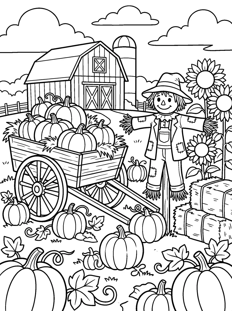 Fall coloring page for adults: a cart of pumpkins, a scarecrow, hay bales, sunflowers and a barn