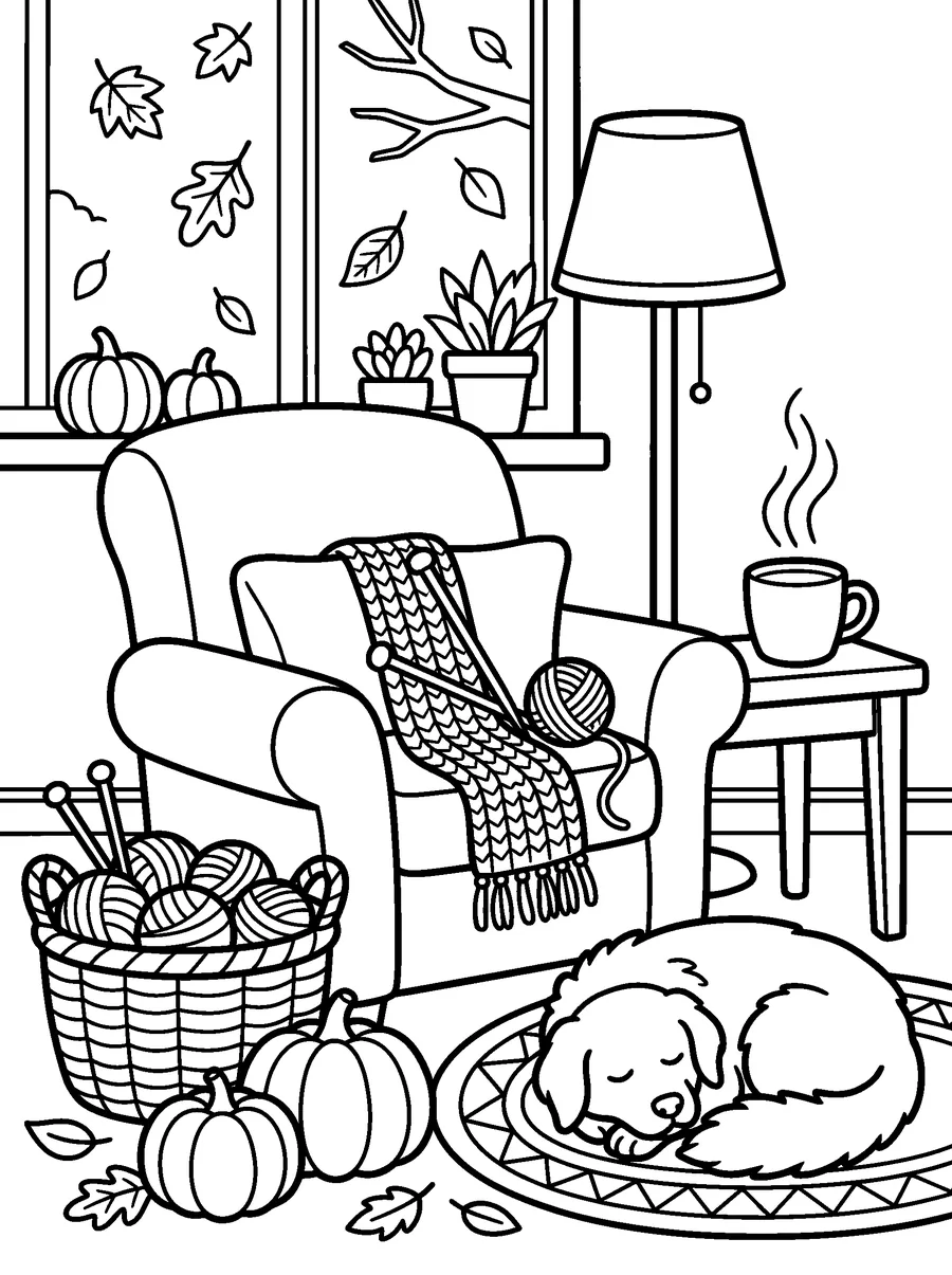Fall coloring page for adults: a basket of yarn, a half-knitted scarf, a lamp, a mug of cider and a sleeping dog