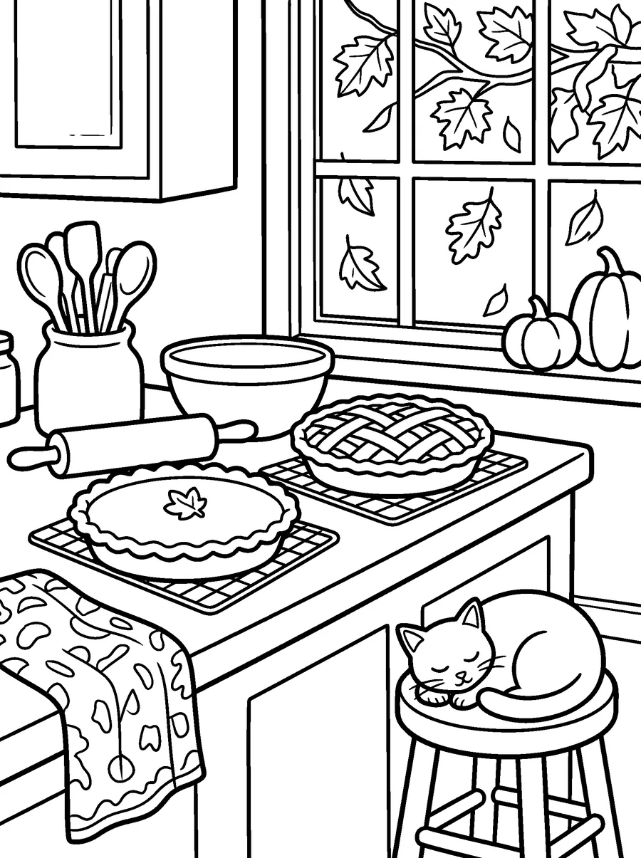 Thanksgiving coloring page for adults: two pies on the counter, a rolling pin, wooden spoons and a cat asleep on a stool.