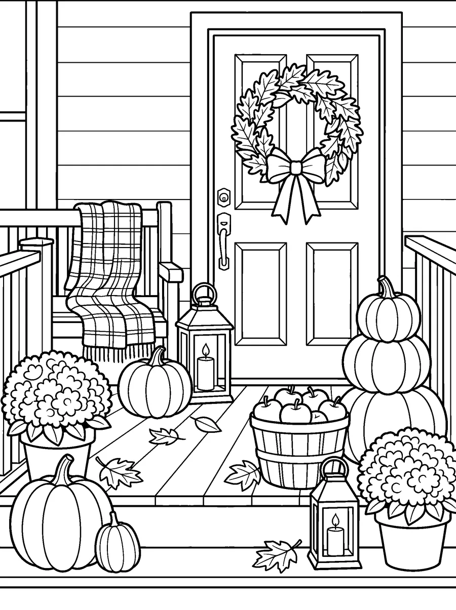 Thanksgiving coloring page for adults: a front door with a leaf wreath, a bench with a plaid blanket, stacked pumpkins, apples and mums.
