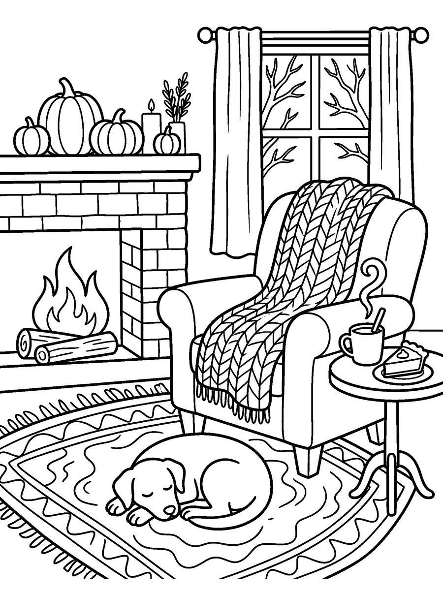 Thanksgiving coloring page for adults: a knitted blanket, hot cider, a slice of pie and a dog asleep on the rug.