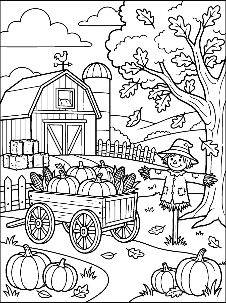 Thanksgiving coloring page for adults: a red barn, a wagon full of pumpkins and corn, a scarecrow and hay bales.