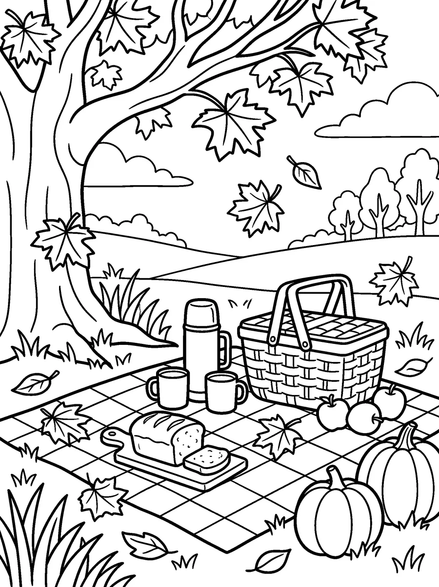 Thanksgiving coloring page for adults: a wicker basket, a checkered blanket, a thermos, pumpkin bread and apples under a maple tree.