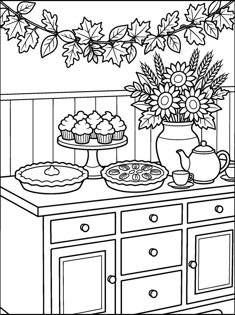Thanksgiving coloring page for adults: pumpkin pie, pecan pie, cupcakes, a teapot and a vase of sunflowers and wheat.