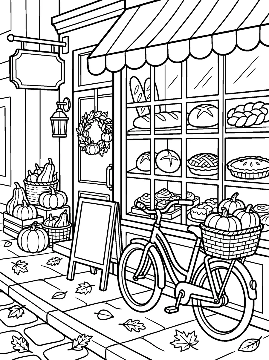 Thanksgiving coloring page for adults: pies and bread in the window, pumpkins by the door and a bicycle with a pumpkin basket.
