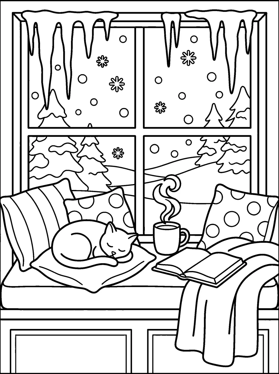 Winter coloring page for adults: pillows, a blanket, a book, a sleeping cat and snow falling outside
