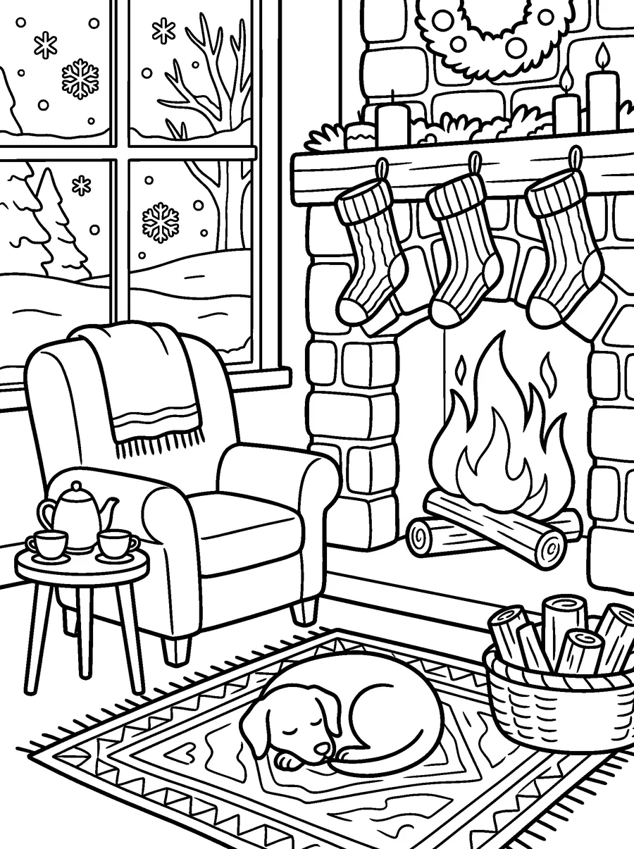 Winter coloring page for adults: an armchair, knitted socks drying, firewood, a teapot and a dog on the rug