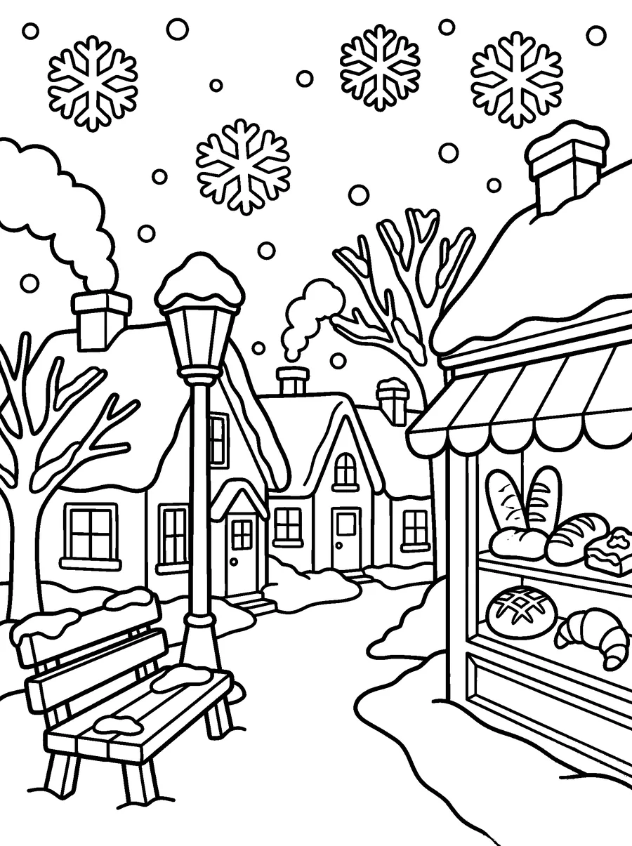 Winter coloring page for adults: little houses with snowy roofs, a street lamp, a bakery and a bench