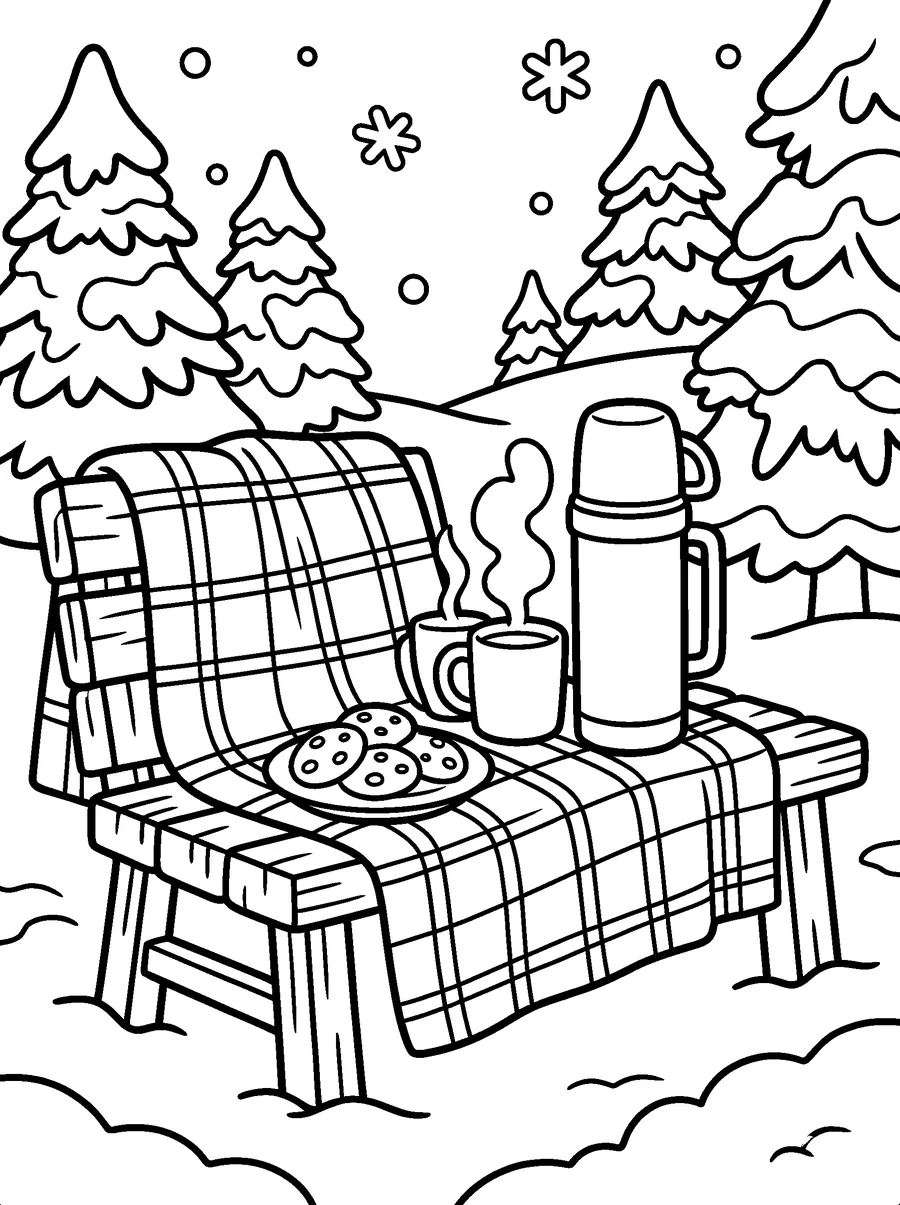 Winter coloring page for adults: a thermos, two mugs, cookies and a plaid blanket on a bench among snowy pines