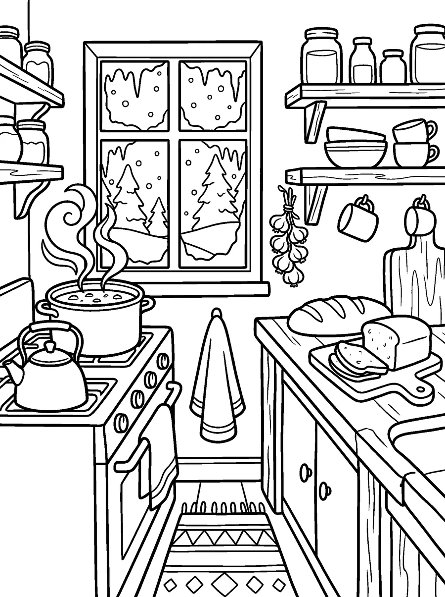 Winter coloring page for adults: a pot of soup on the stove, loaves of bread, a kettle and a frosty window