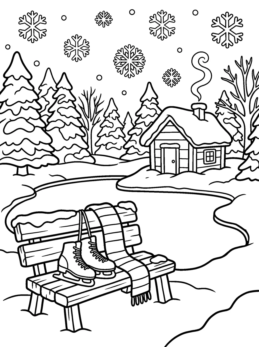 Winter coloring page for adults: skates and a scarf on a bench, snowy trees and a small wooden hut