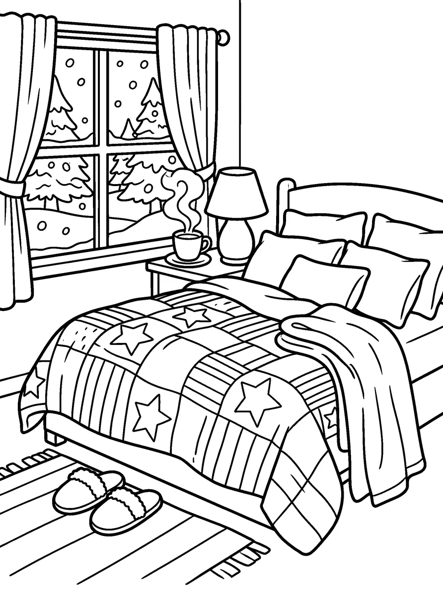 Winter coloring page for adults: a bed with a thick quilt, slippers, a lamp, a cup of tea and snow outside